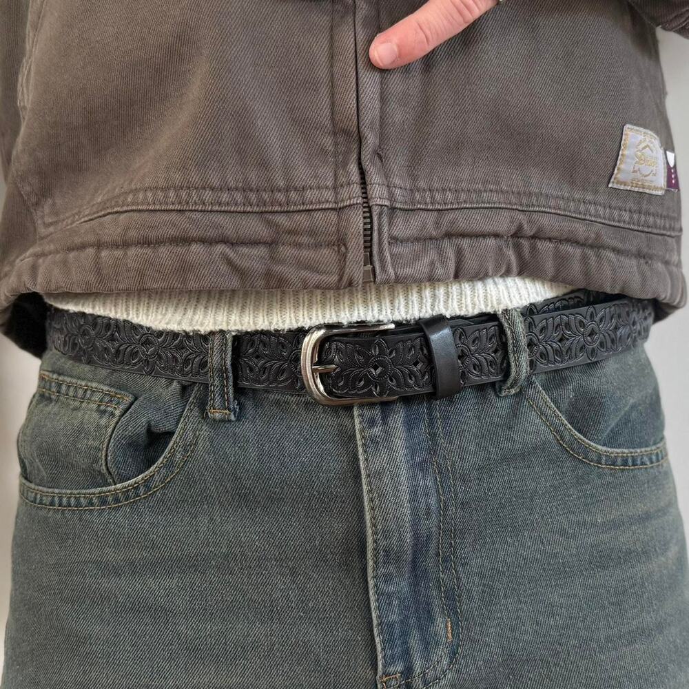 Western Black Carved Cowboy Belt Unisex Boho Style Adjustable 43" Long